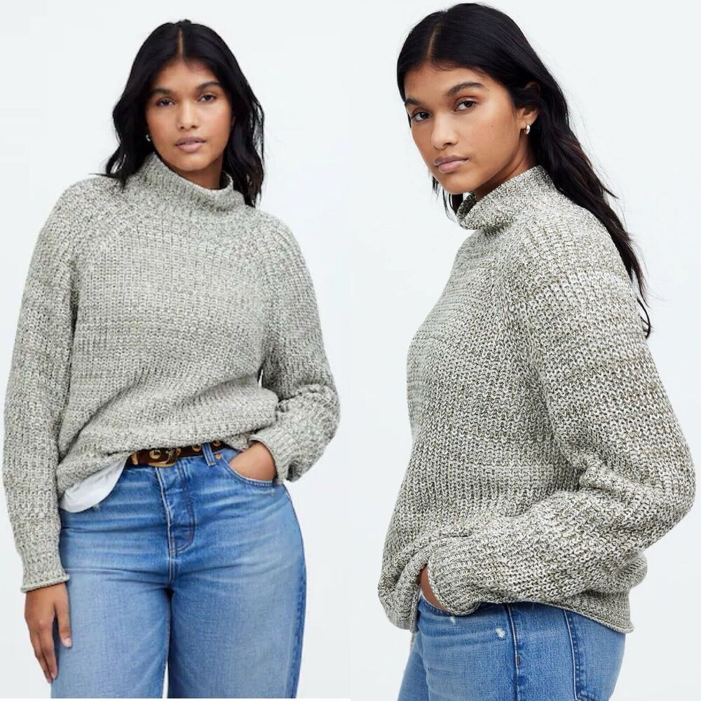 Madewell Plus‎ Marled Cotton Mockneck Sweater Ivy Combo 1X Chunky Knit NS784